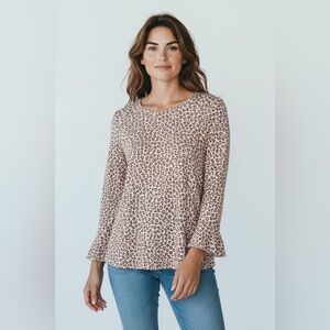 Ann Taylor Bell Sleeve Leopard Print Knit Top Brown Tan Size XS